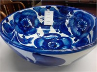 Blue hand-decorated fruit bowl signed Spain.