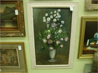 Large floral oil on board of purple and white