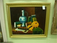 Oil on canvas still life of a violin in gilt