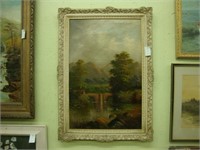 Large oil on canvas landscape of a cottage,