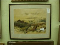 Scenic watercolor landscape of Scottish ruins and