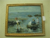 Oil on canvas painting of children playing at the