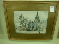 Watercolor landscape of village church, artist