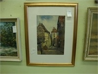 English watercolor picture of a cityscape.
