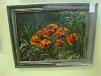 Oil on board of red poppies.