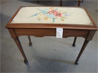 Mahogany side table with needlework top.