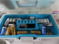PLASTIC TOOL BOX WITH BATTERIES: C'S, D'S, AA'S, E
