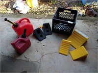 Crate w/ Small Gas Jugs; Wheel Chocks