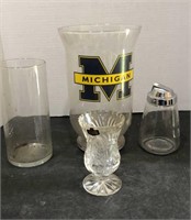 Assorted Vases 
1 Crystal 5” tall 
1 U of M 9”