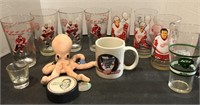 Assorted Red Wings glasses, Mug, Puck & Jets
