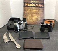 Binoculars, leather wallets, Mining Guide, letter
