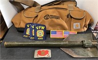 Carhartt duffel bag, utility army shovel, VFW &