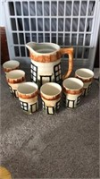 Cottage ware set. Juice pitcher and 6 glasses.