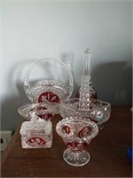6 piece red clear glass bird set. Crystal