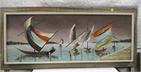 Oil on Board, Boats on water, signed, Lopez
