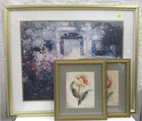 3 framed prints, floral & house scenes