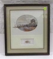 Shaow Box, water color of Fishing Hut, signed
