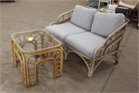 Bamboo Love Seat w/Cushions & End Table w/Glass