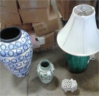 Vintage Lamp, Vases & Hand Carved Elephant
