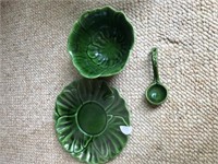 Fancy Green Pottery Bowl, Tray & Ladle