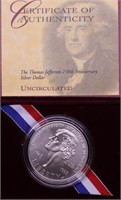 GEM THOMAS JEFFERSON SILVER DOLLAR W BOX PAPERS