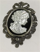 Sterling Silver And Marcasite Cameo Pin / Pendant
