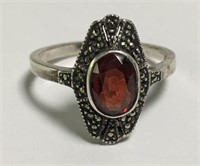 Sterling Silver, Marcasite & Red Stone Ring