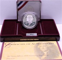 PROOF THOMAS JEFFERSON SILVER DOLLAR W BOX PAPERS
