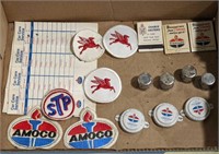 Flat of vintage oil company patches, matches,