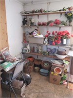 (2) Tables, Shelf & Misc Yard Art & Garden Tools