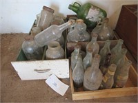 (3) Wood Crates w/ Misc Glass Jugs, Bottles & Jars