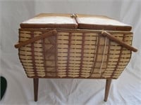 Vintage Wicker Sewing Basket With Sewing Items