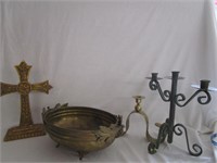 Brass Bowl/Candle Holder, Cross/3 Candle Not Brass