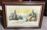 Large Oil On Canvas Winter Farm Cottage Forest
