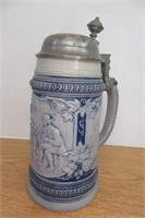 Vintage Blue Salt Glazed & Pewter Stein 10"h