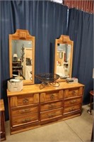 Oak 9 drawer dresser with double mirrors