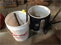 2 pails with chains & binders, bucket caddy