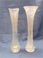 Two clear glass swung vases: 15" - 14" with neat