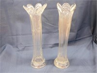 Pair of clear glass 12" vases , petal tops, one