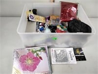 Craft supplies including ribbon, beads, safety