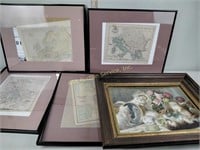 Framed maps (4), cat print. Frames are loose and
