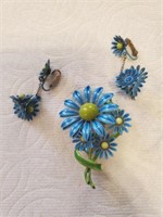 3pc Brooch, Clip On Earrings, Blue Flower Design
