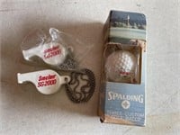 2) Sinclair Whistels, Spalding Logo Golf Balls