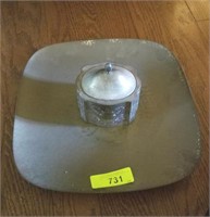 BRASS PLATTER AND SILVER PLATE POWDER JAR