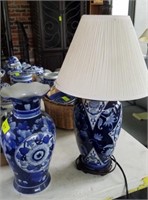 BLUE AND WHITE ORIENTAL VASE AND LAMP