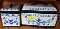 BLUE AND WHITE BREAD BOX AND COOKIE JAR