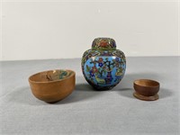 Miniature Wooden & Clay Bowls & Cloisonne Jar