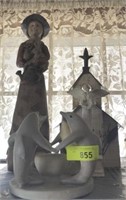 ASSORTED WOODEN FIGURINES, DOLPHINS, CHURCH,