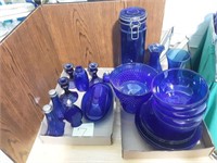 Cobalt blue glass bowls plates butter holder