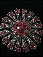 SILVER BROOCH WITH RED RHINESTONES;  COSTUME